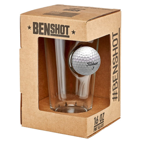 Close-up of the embedded Titleist ball in a BenShot glass, highlighting craftsmanship