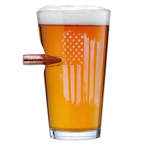 BenShot US flag pint glass with bullet embedded for a bold conversation piece
