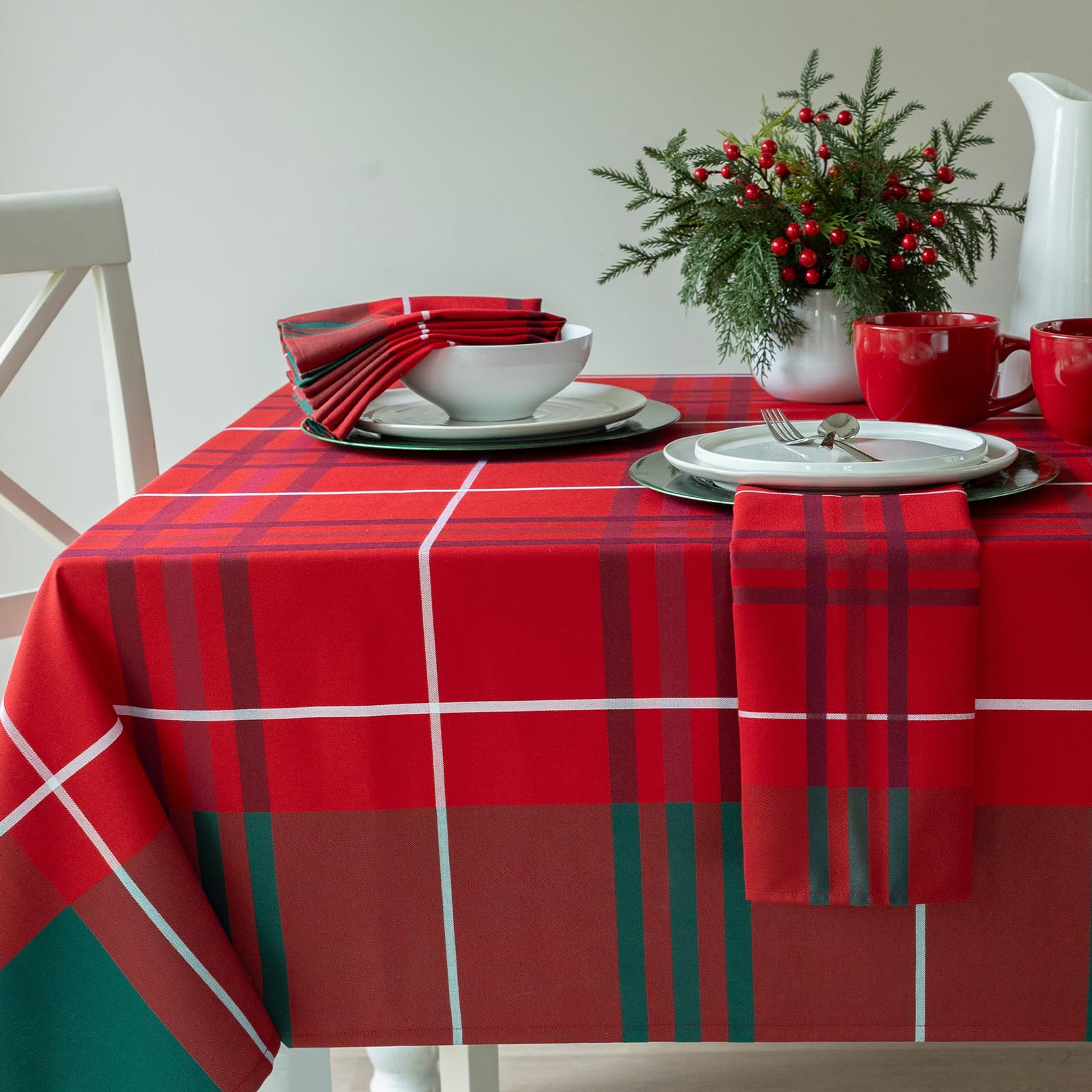 Benson Mills Bristol Plaid tablecloth in festive colors for holiday dining