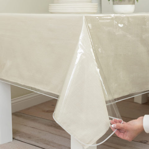 Benson Mills heavy-duty crystal-clear tablecloth protects surfaces while preserving wood grain visibility