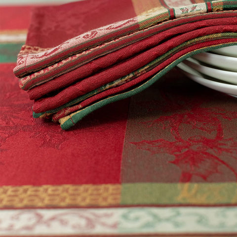 Benson Mills Holiday Legacy napkins highlighting easy-care, machine-washable fabric.