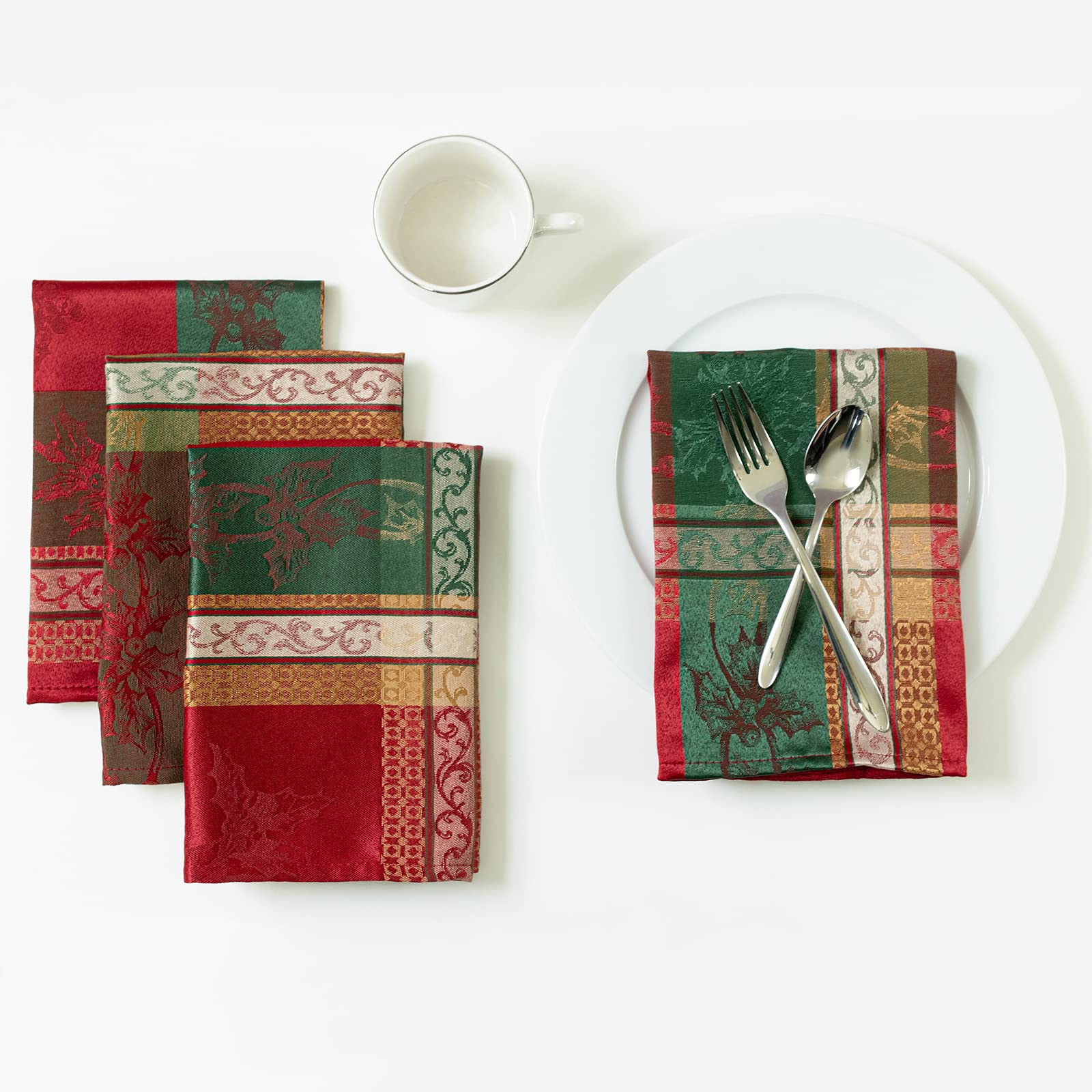 Benson Mills Holiday Legacy napkins with holly motif brighten festive tables.