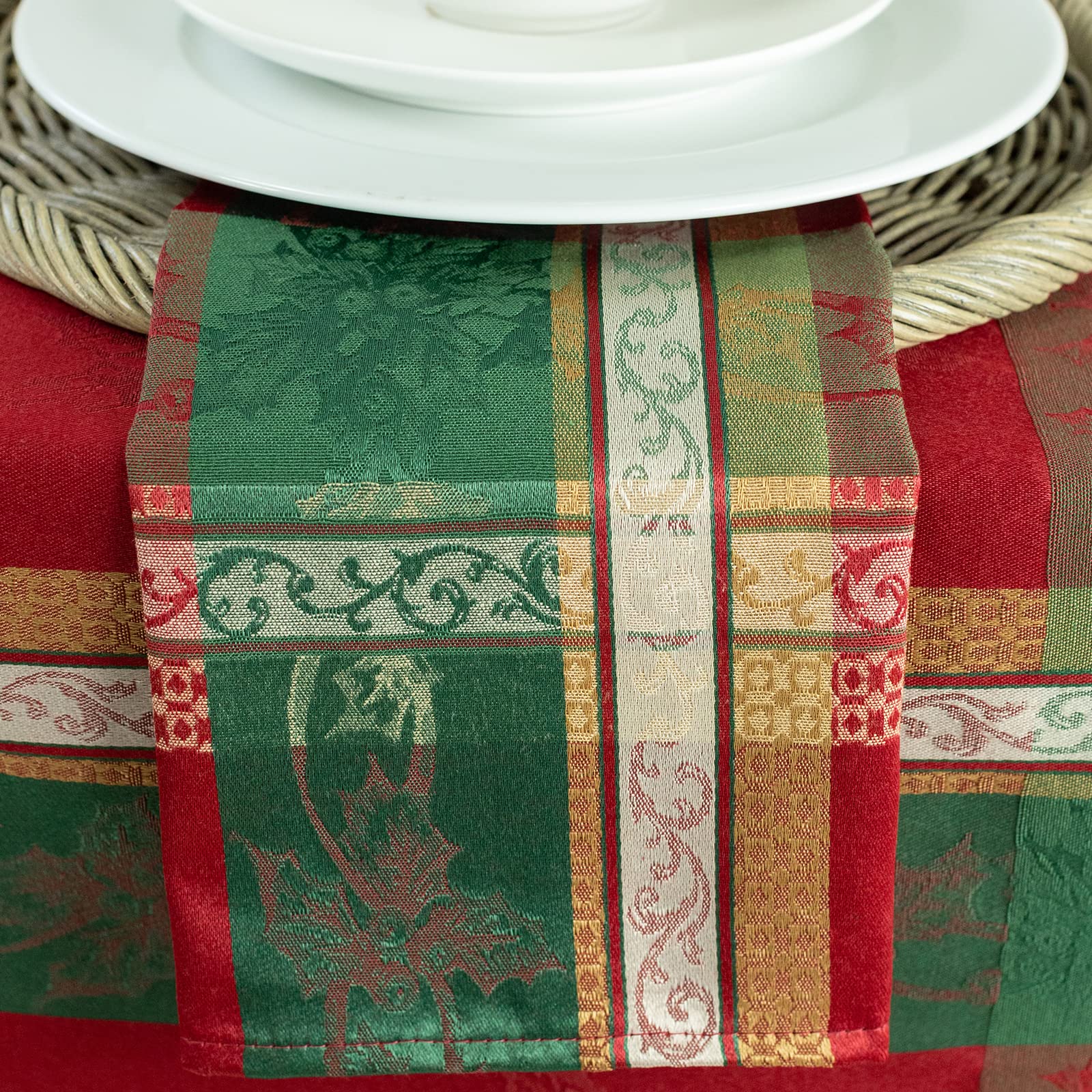 Benson Mills Holiday Legacy napkins arranged to create a coordinated table setting.