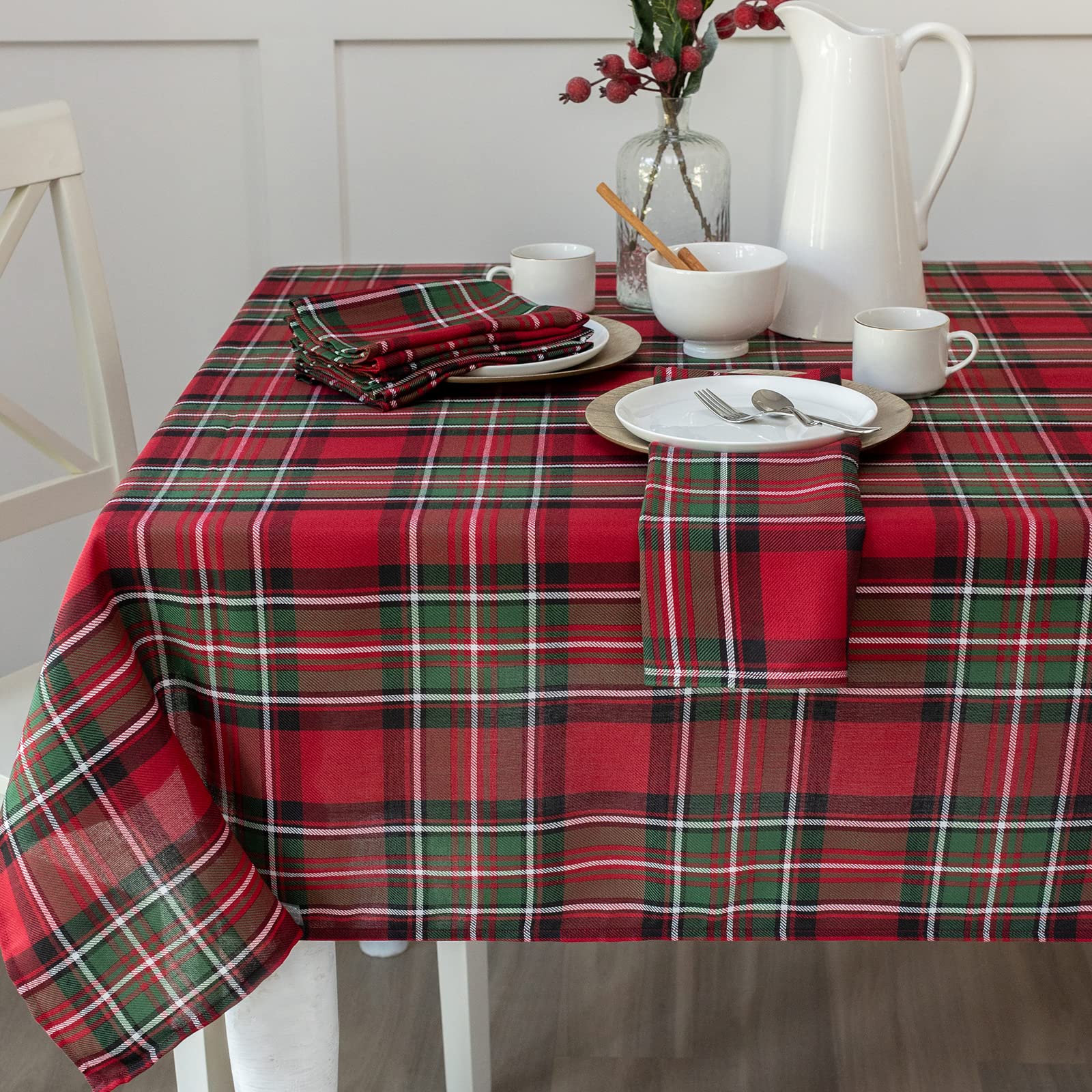 Benson Mills yarn-dyed tablecloth closeup reveals rich red plaid texture