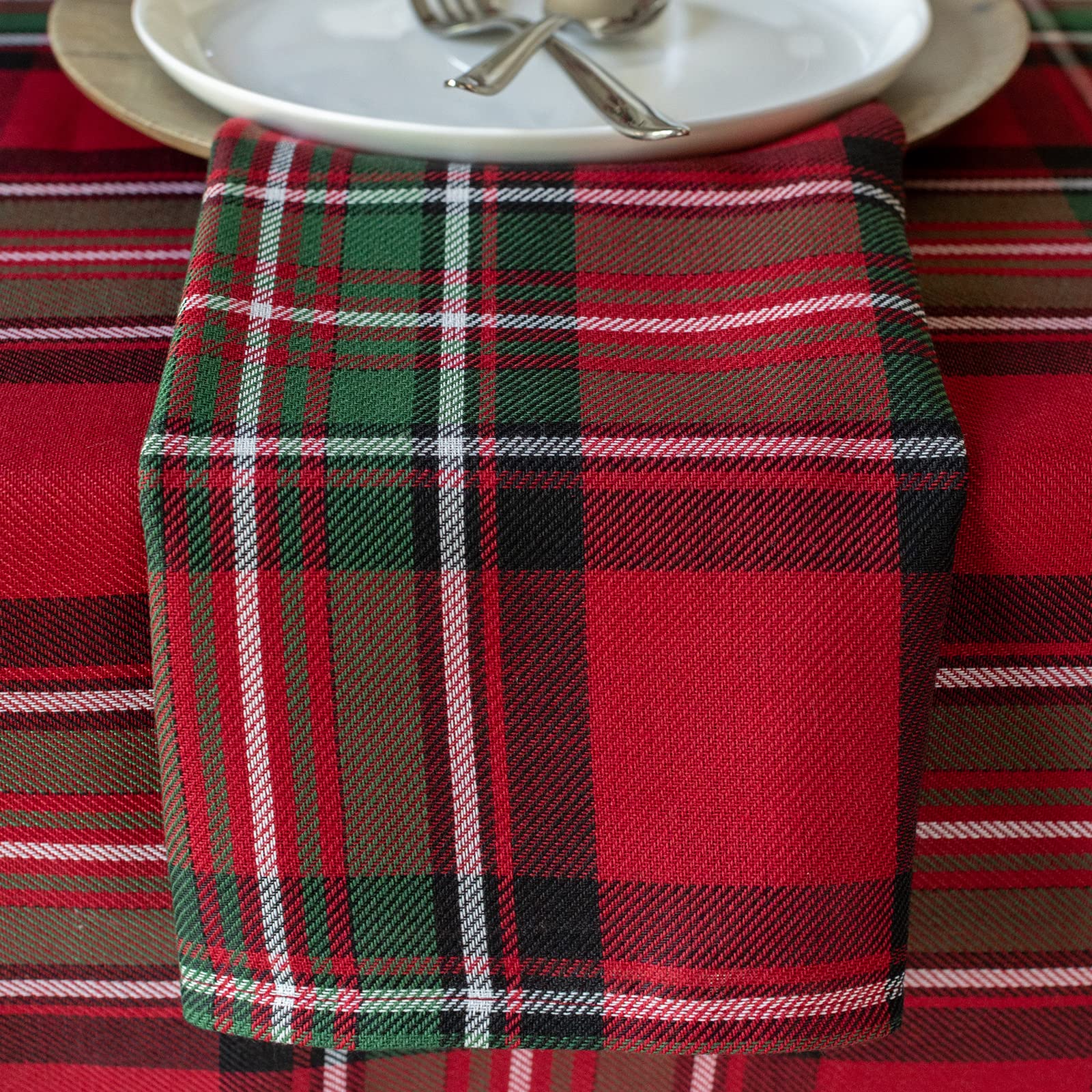 Benson Mills red plaid napkins on a dining table for a seasonal look