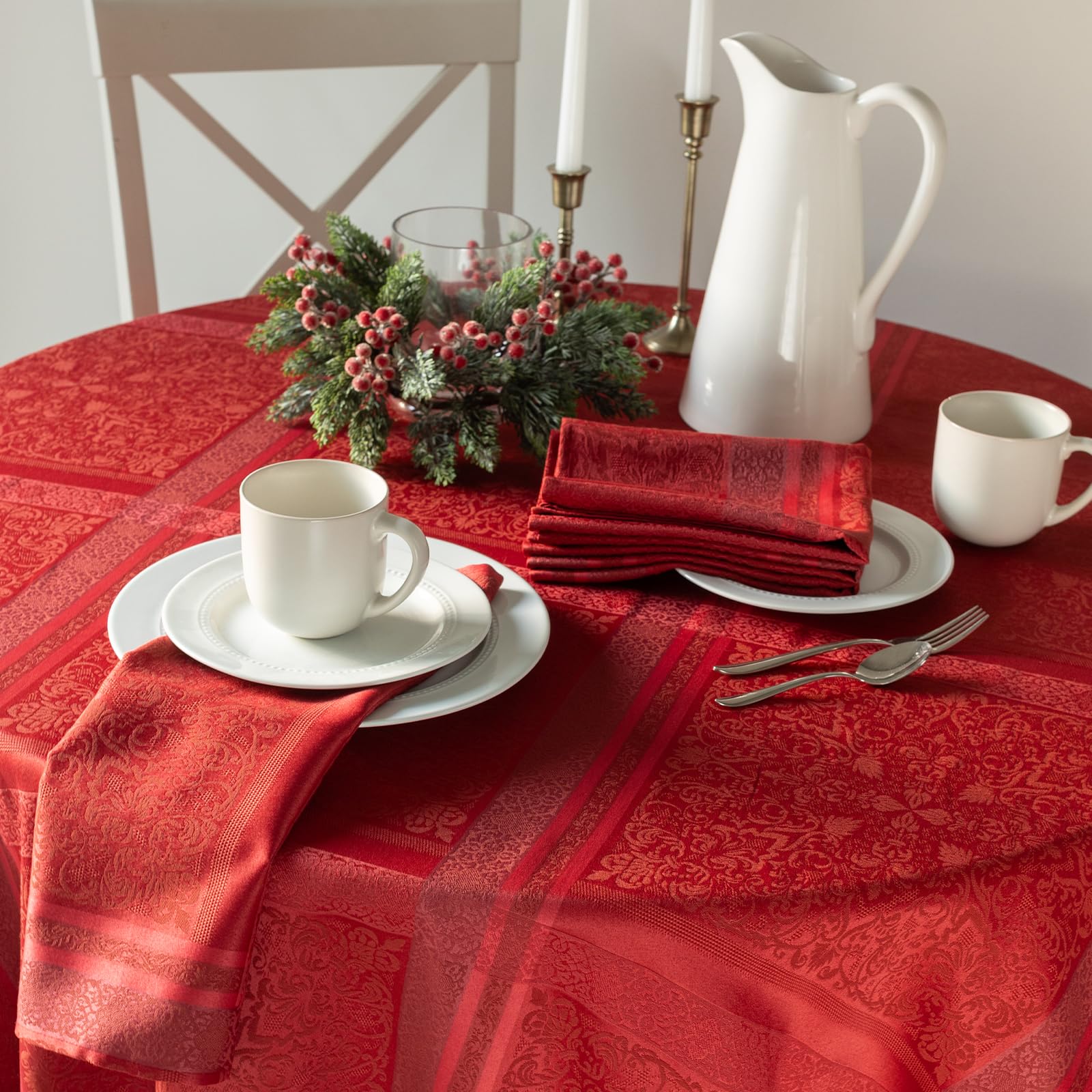 Benson Mills Ravenna red colorway enhances holiday tablescape.