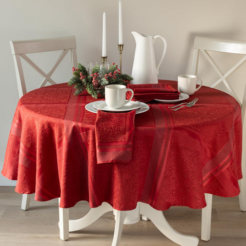 Benson Mills Ravenna tablecloth close-up jacquard texture for festive gatherings.