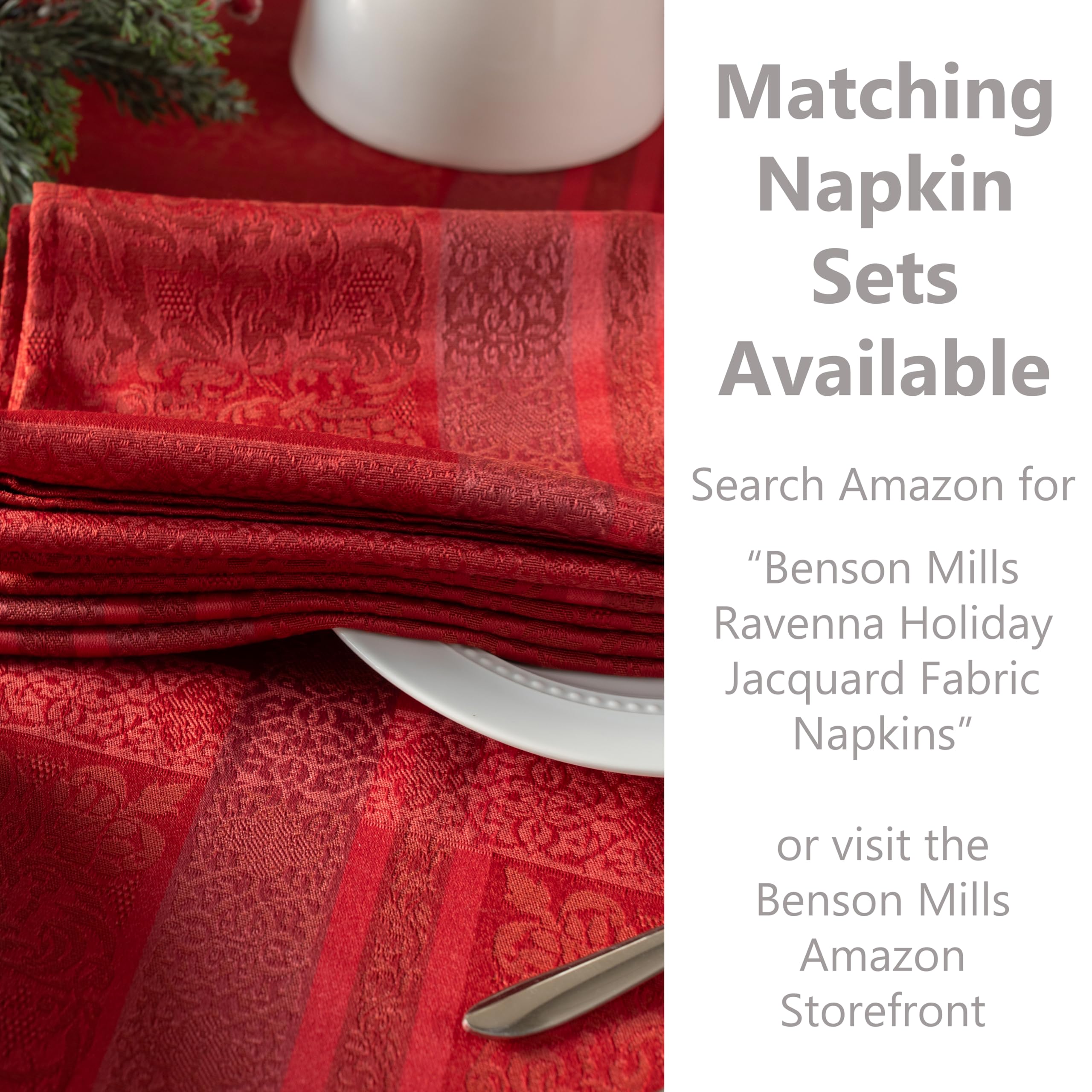 Benson Mills Ravenna tablecloth draped over a holiday table setting.