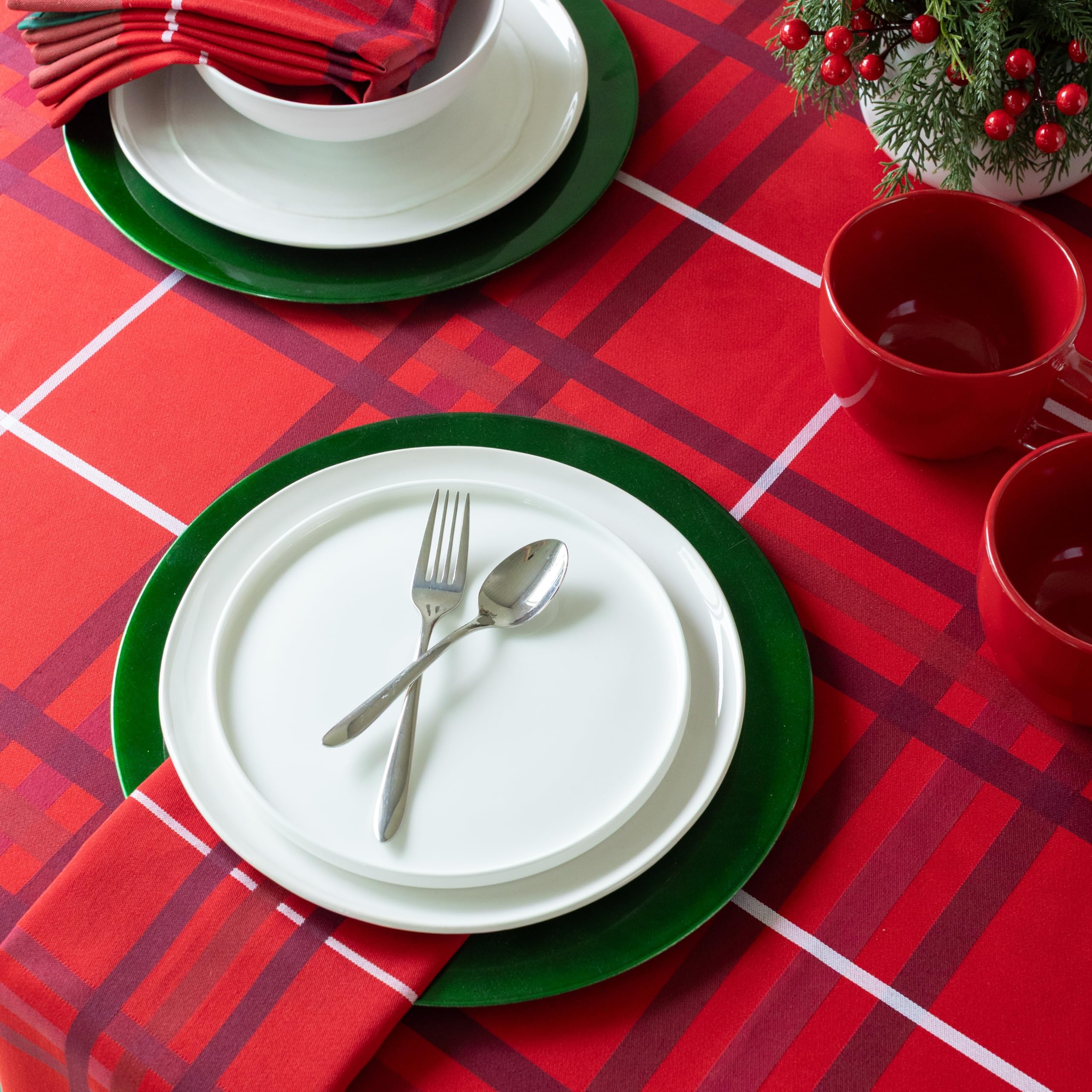 Rectangular dining table with Bristol plaid tablecloth by Benson Mills