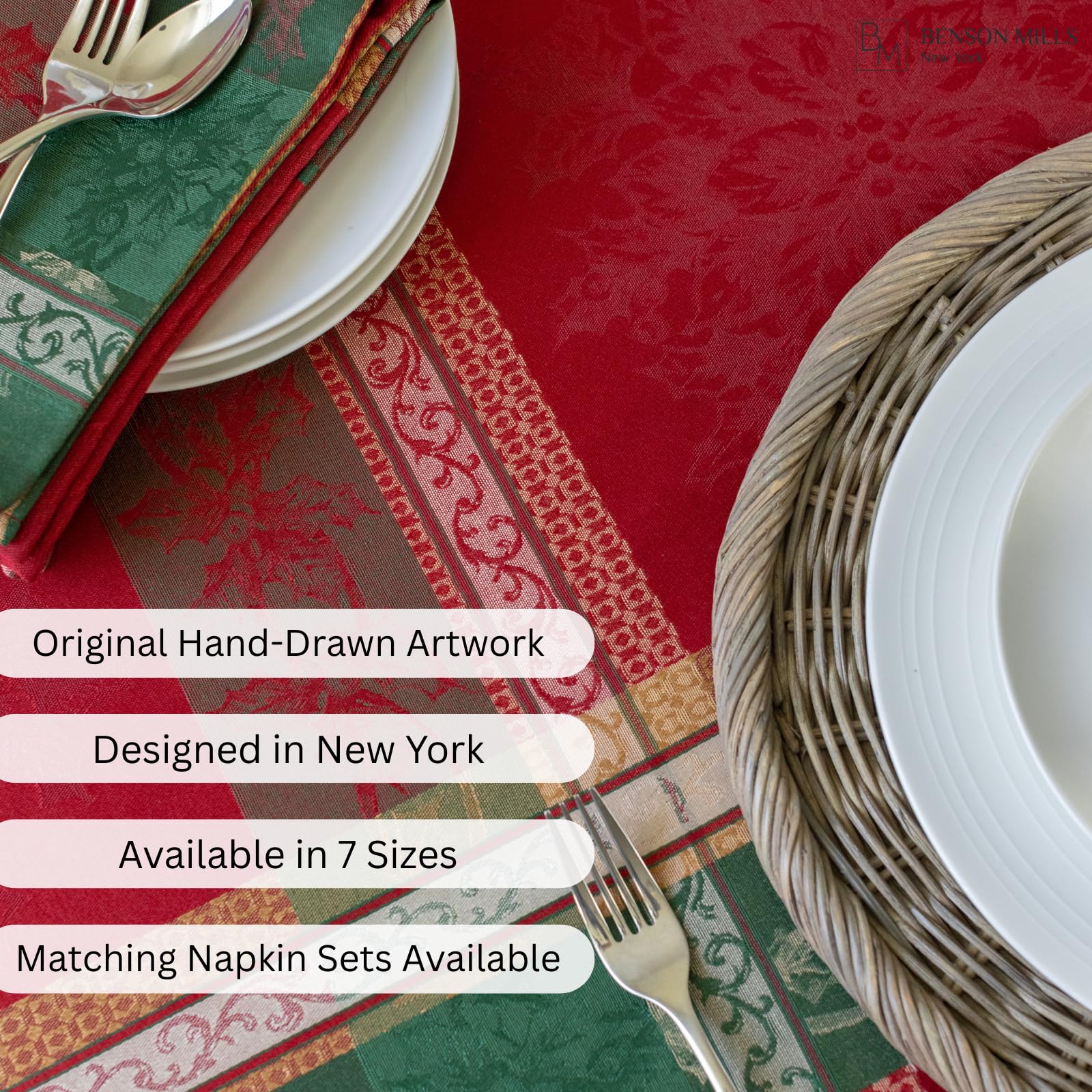 Benson Mills plaid tablecloth enhances winter dining setup with warm ambiance.