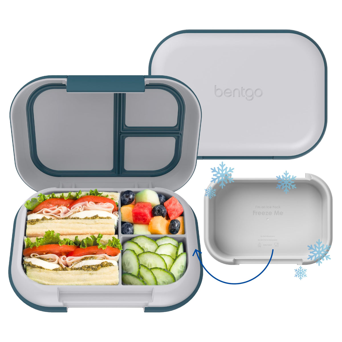 Bentgo Chill Max ice pack under tray keeps meals cool during the day.