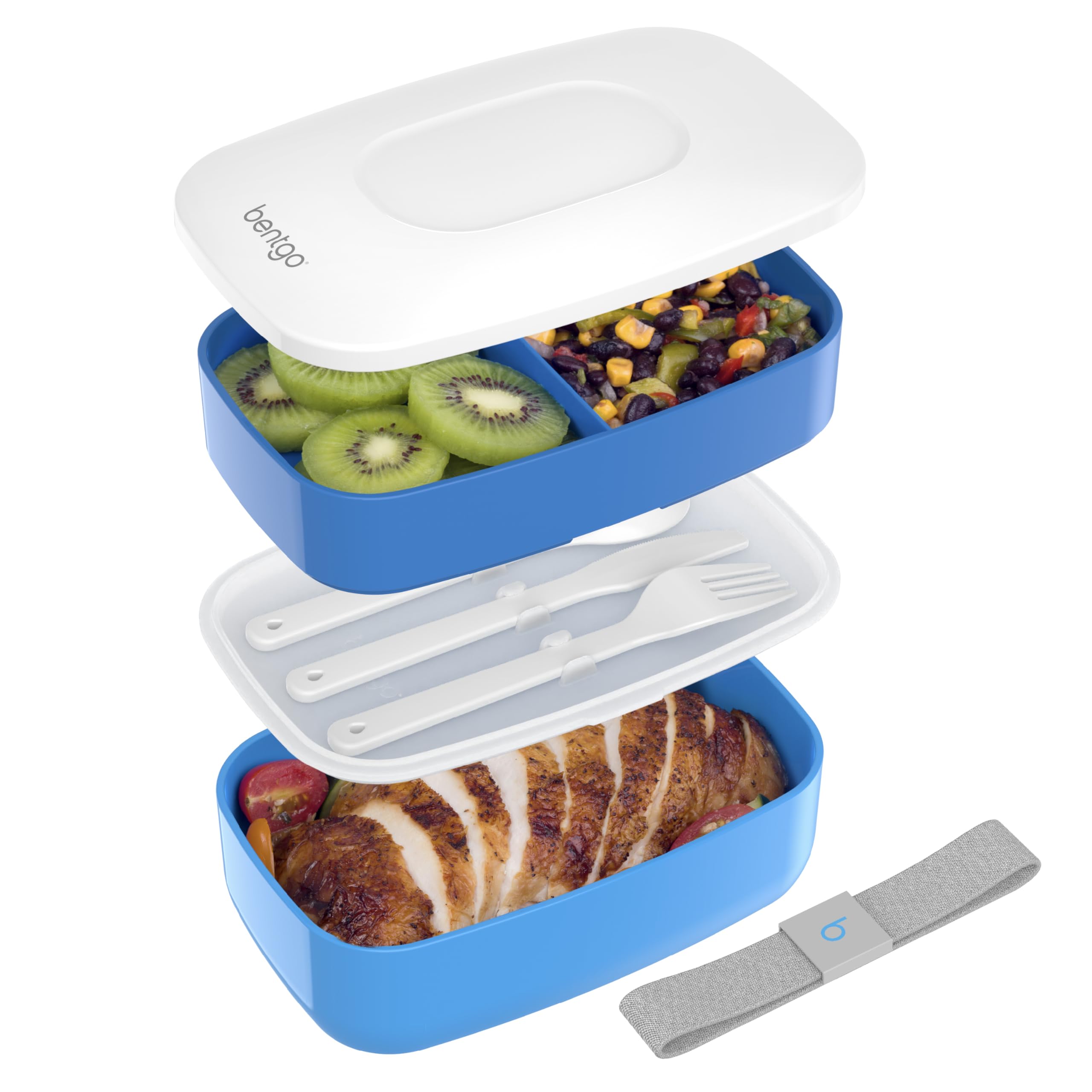 Bentgo Classic blue front view of the three-compartment bento box for meals on the go