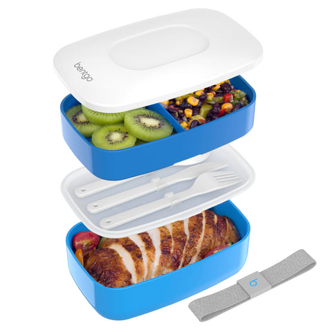 Bentgo Classic blue front view of the three-compartment bento box for meals on the go