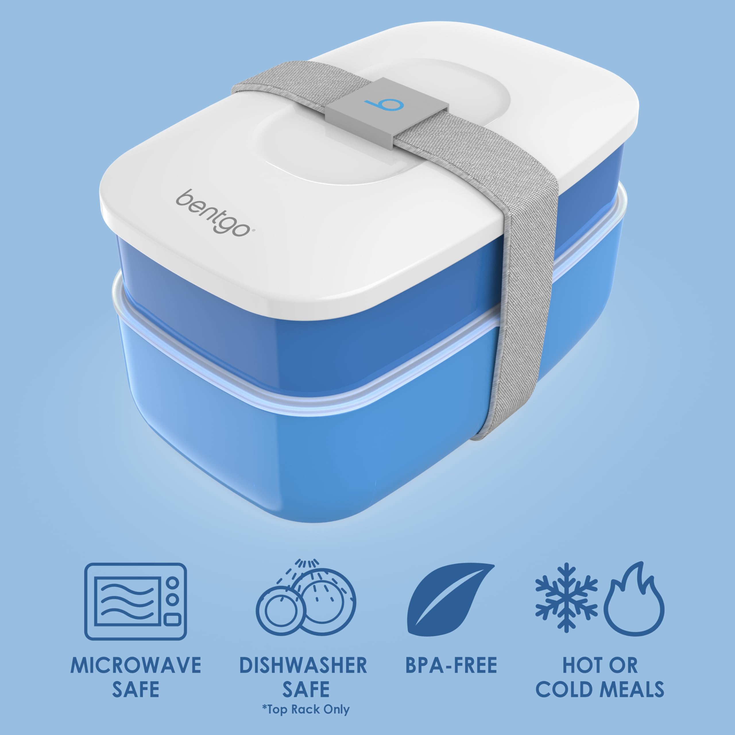 Bentgo Classic blue built-in utensil set tucked in lid for convenience