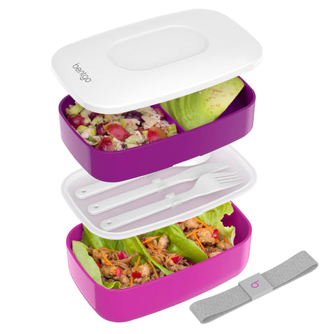 Bentgo Classic Purple bento top view with built-in utensils for quick meals