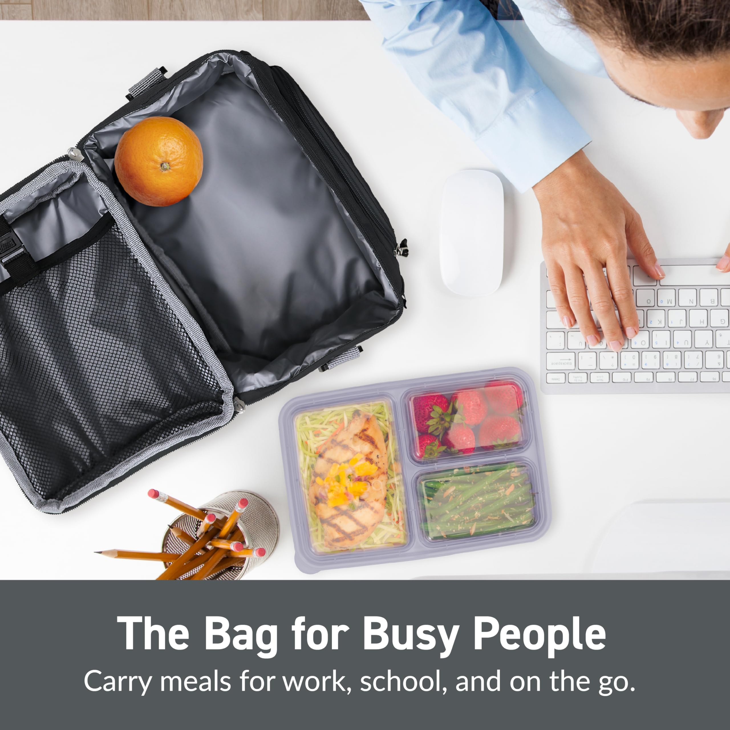 Bentgo Deluxe Lunch Bag main compartment fits a full lunch box plus snacks.