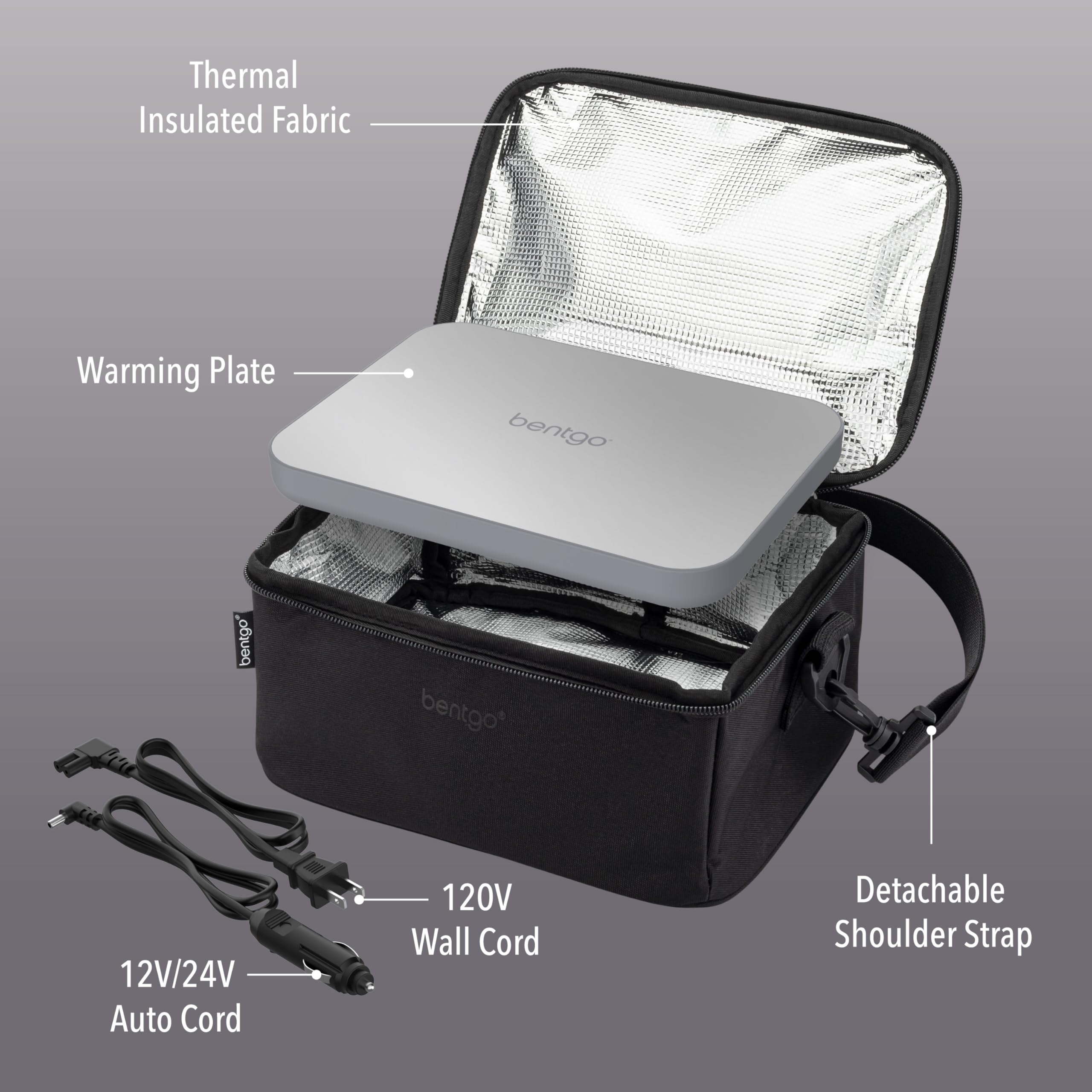 Bentgo Heat detachable shoulder strap and pockets for cords and utensils.