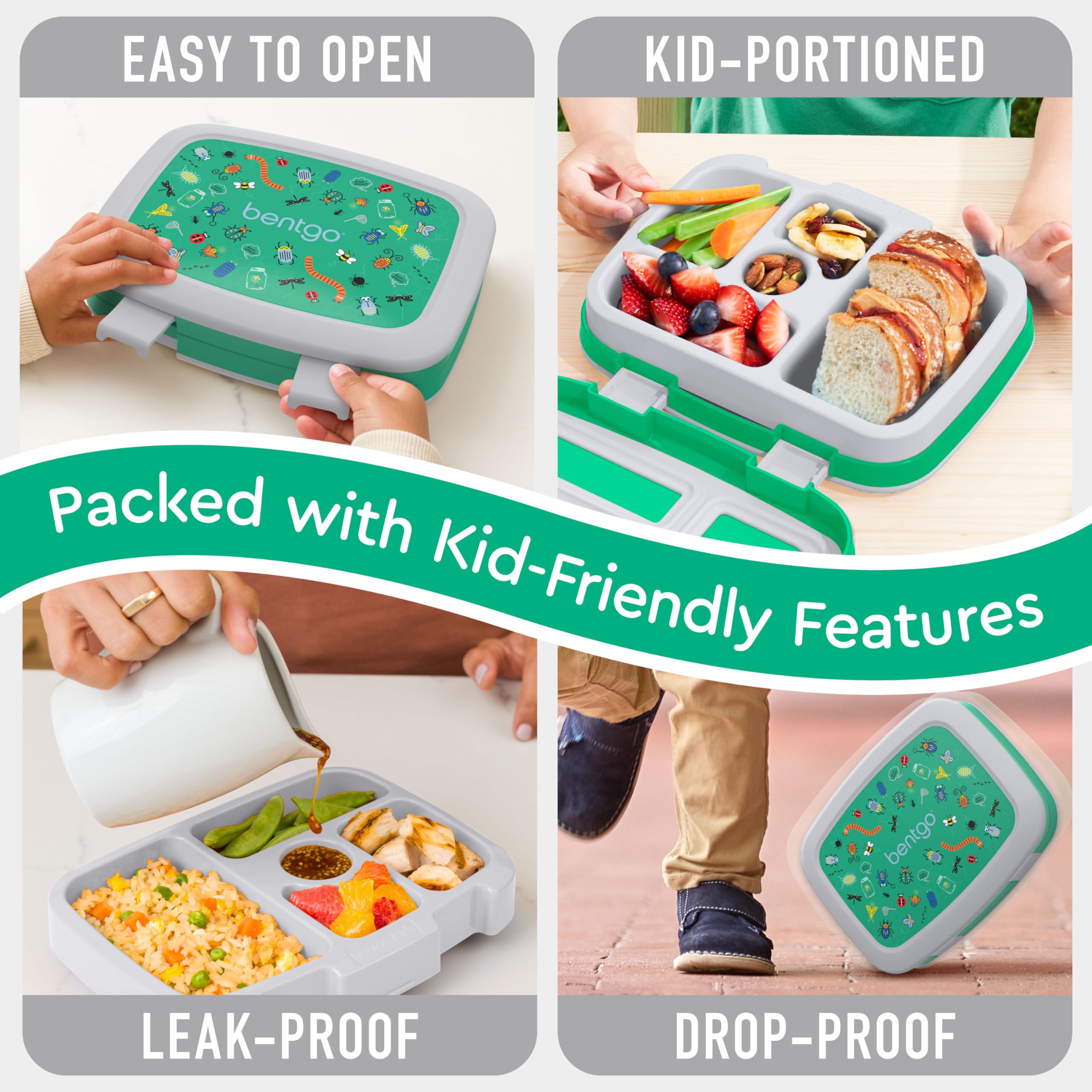 Bentgo Kids Prints microwave-safe removable tray for quick reheats.