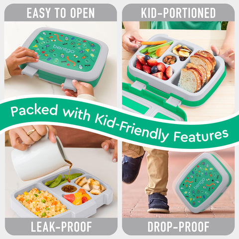 Bentgo Kids Prints microwave-safe removable tray for quick reheats.