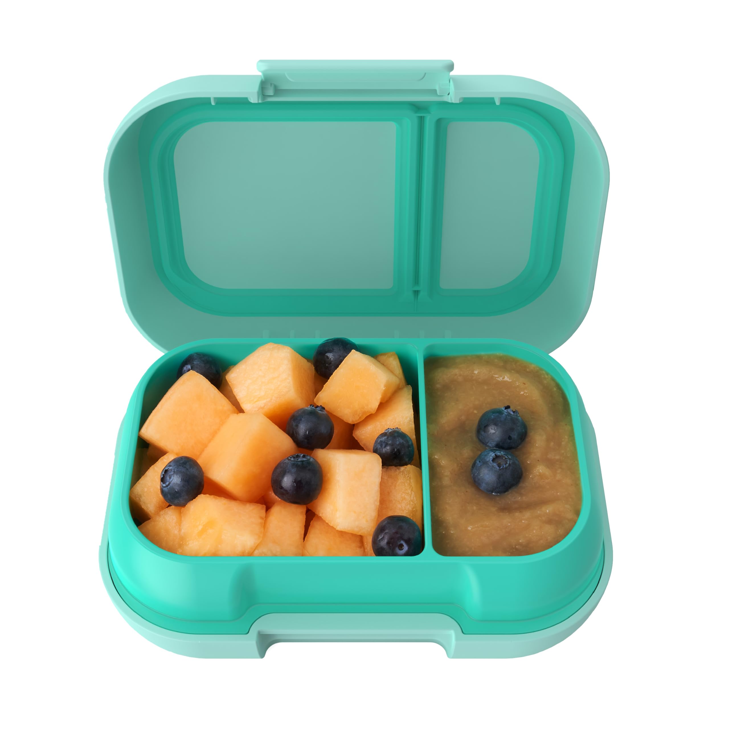 Bentgo Kids Snack aqua front view shows a leak-proof design for on-the-go snacks.