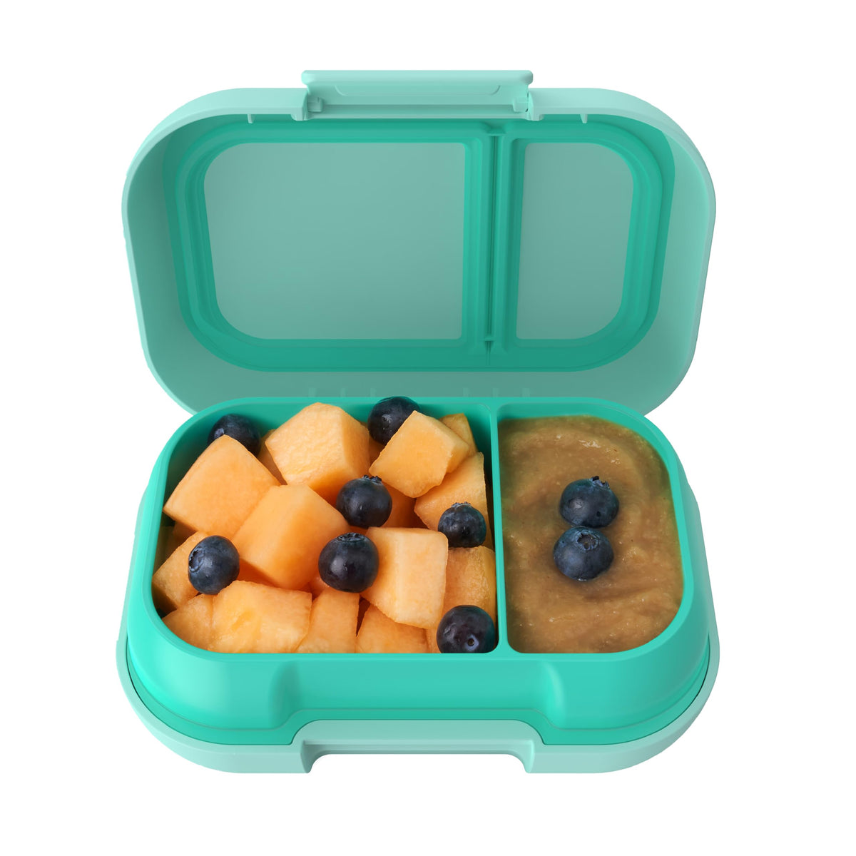 Bentgo Kids Snack aqua front view shows a leak-proof design for on-the-go snacks.