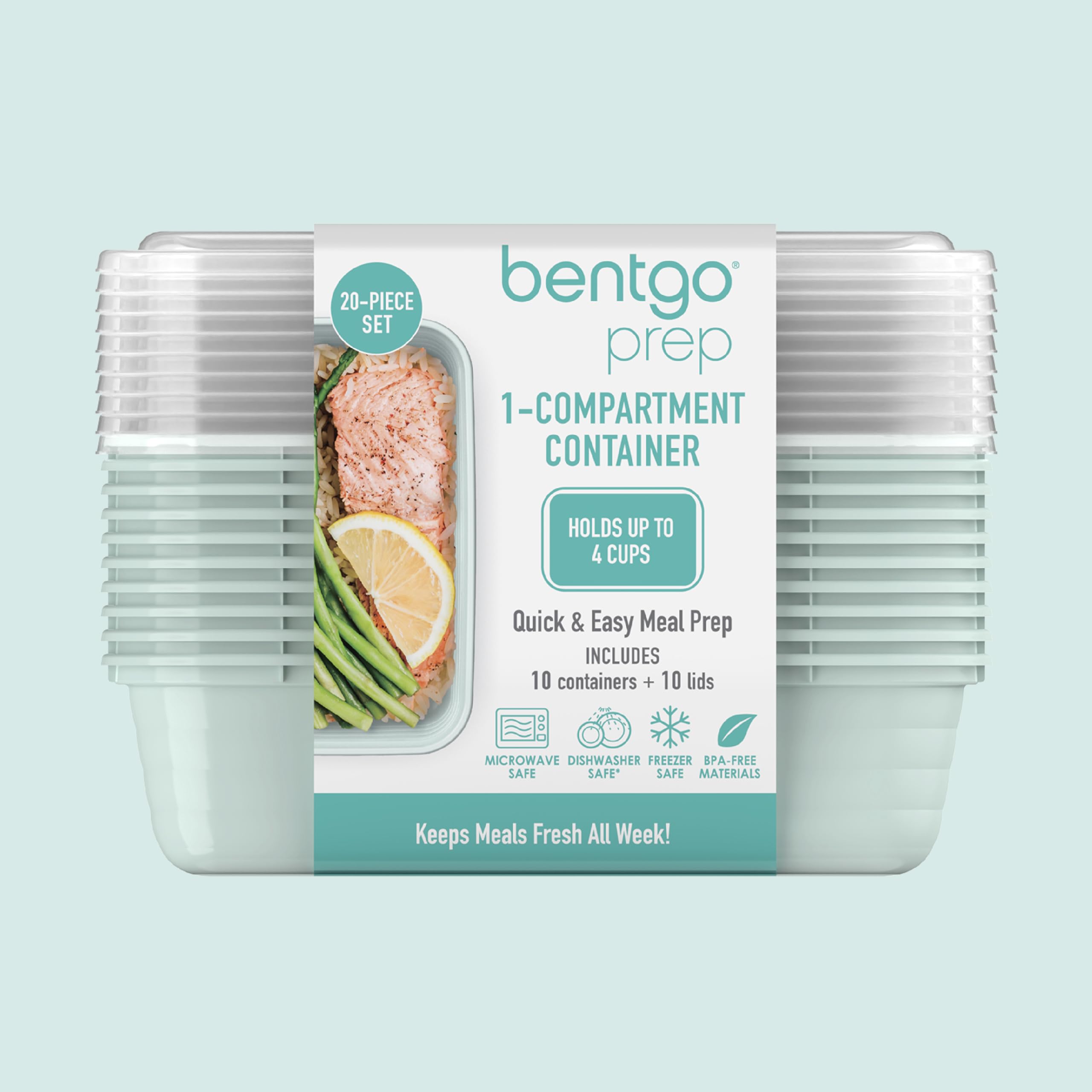 Bentgo Prep 20-piece set includes 10 trays and 10 lids for flexible planning.