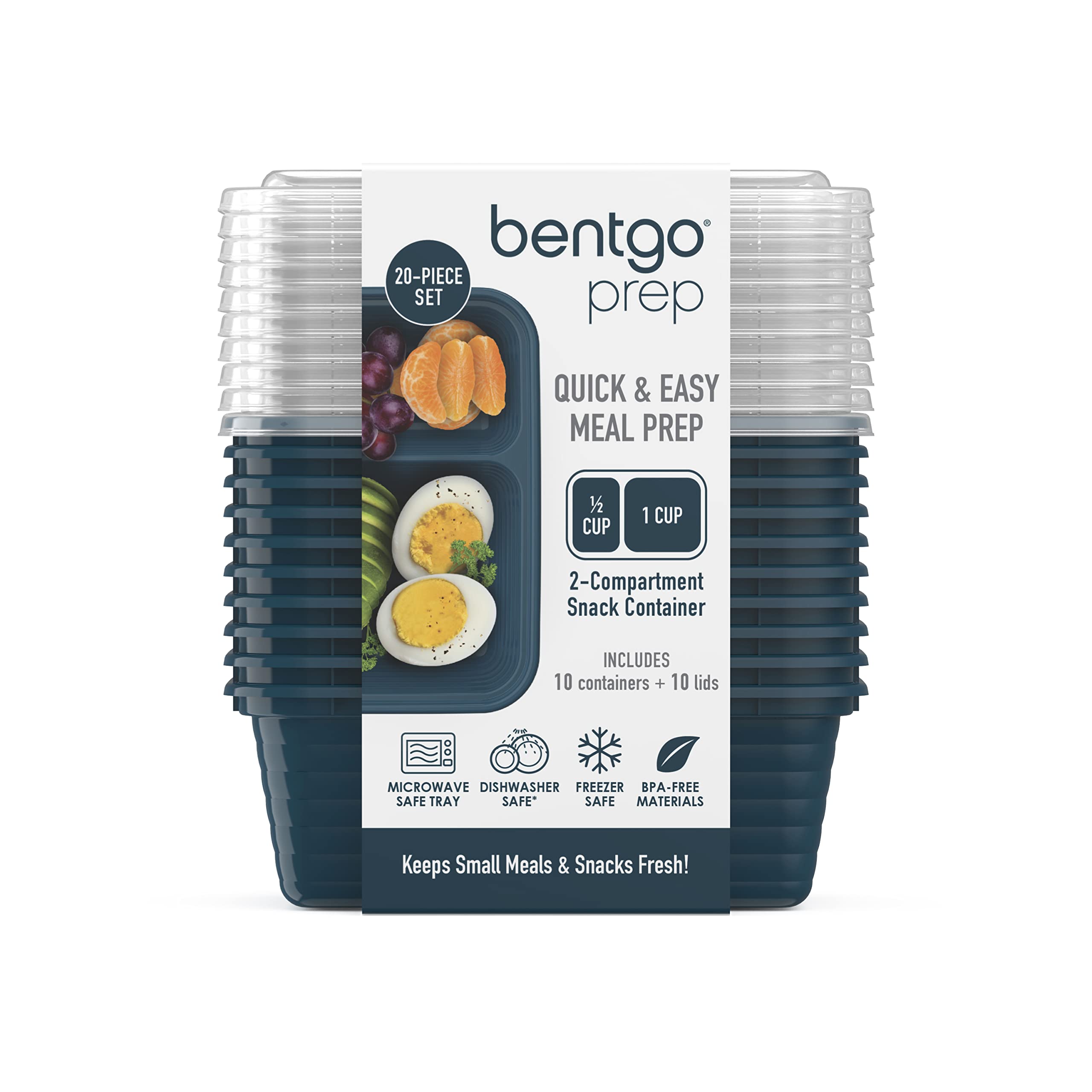 Bentgo Prep deep teal containers with clear lids for quick content checks.