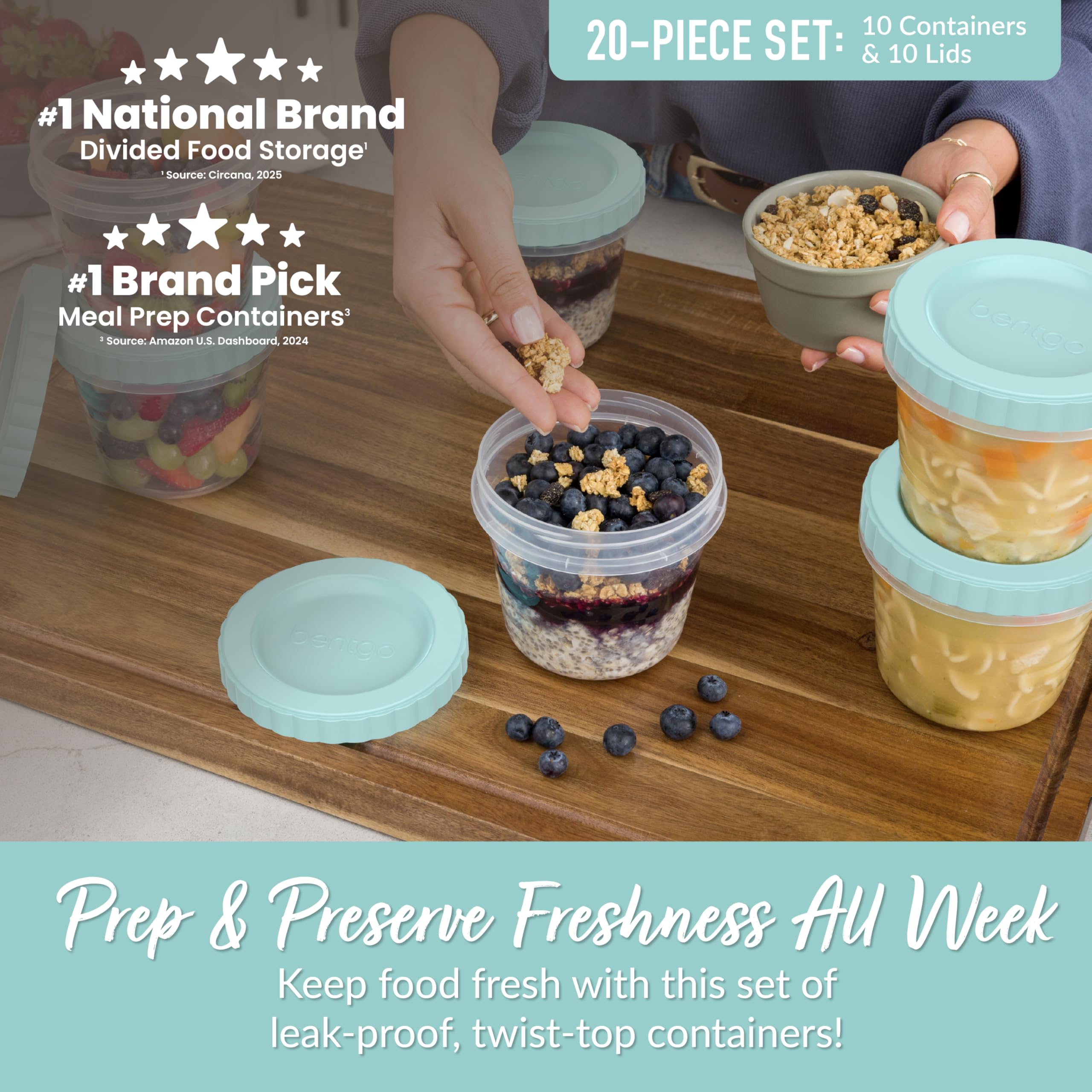 Bentgo Prep leak-proof twist-top lids provide airtight seals for mess-free transport.