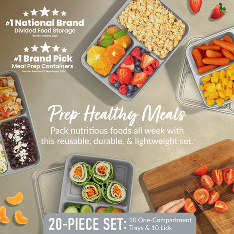 Bentgo Prep three-compartment trays stacked neatly for organized meals.