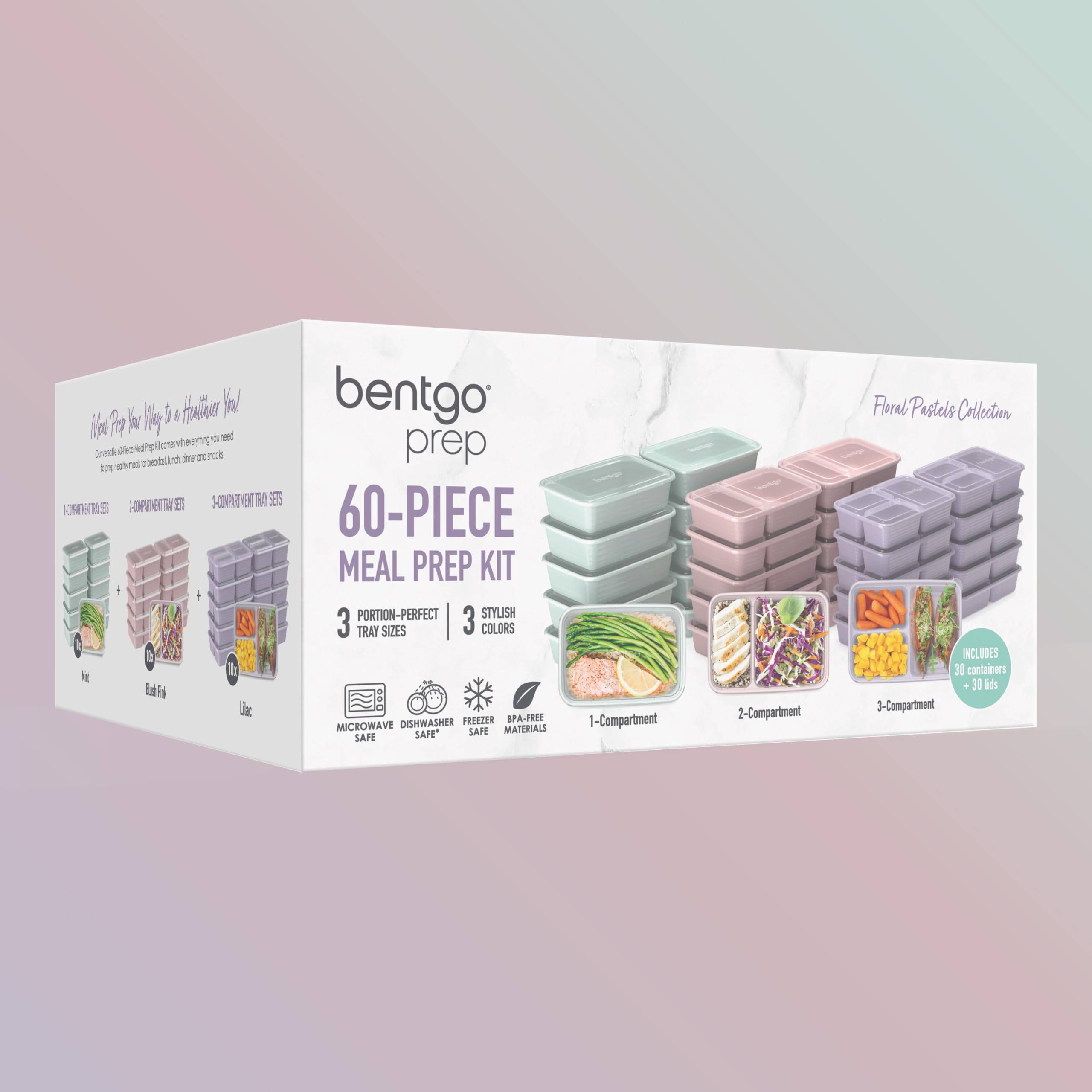 Bentgo Prep 60-Piece Floral Pastels durable reusable design reduces single-use plastics.