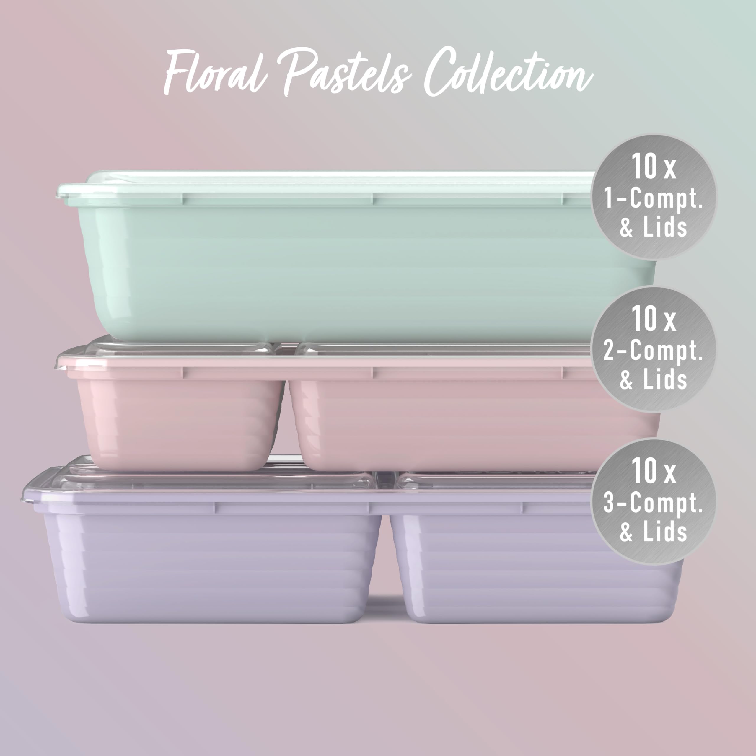 Bentgo Prep 60-Piece Floral Pastels lid set seals freshness, stackable for space-saving storage.