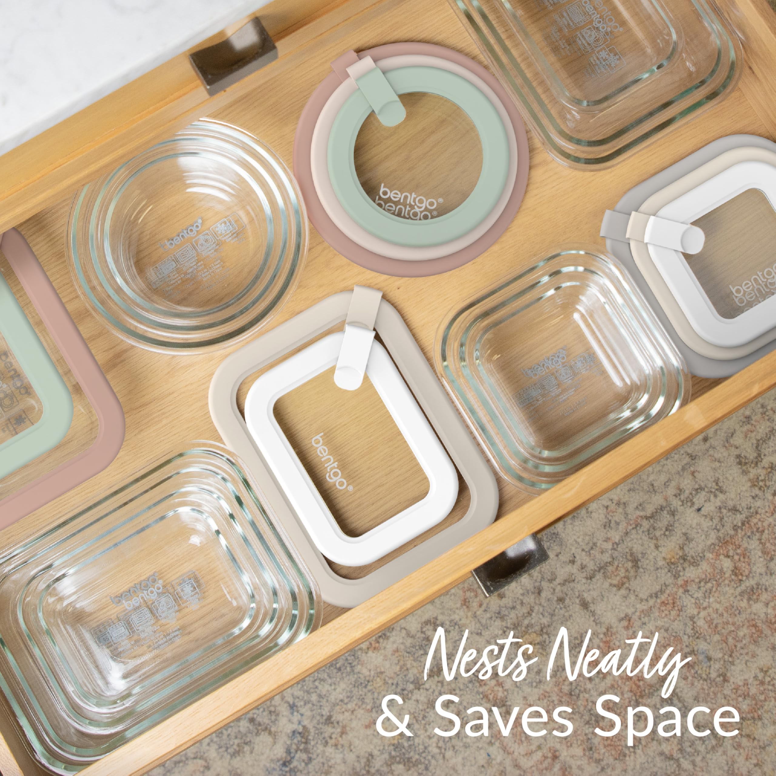 Bentgo Signature nested stackable glass storage to save cupboard space.