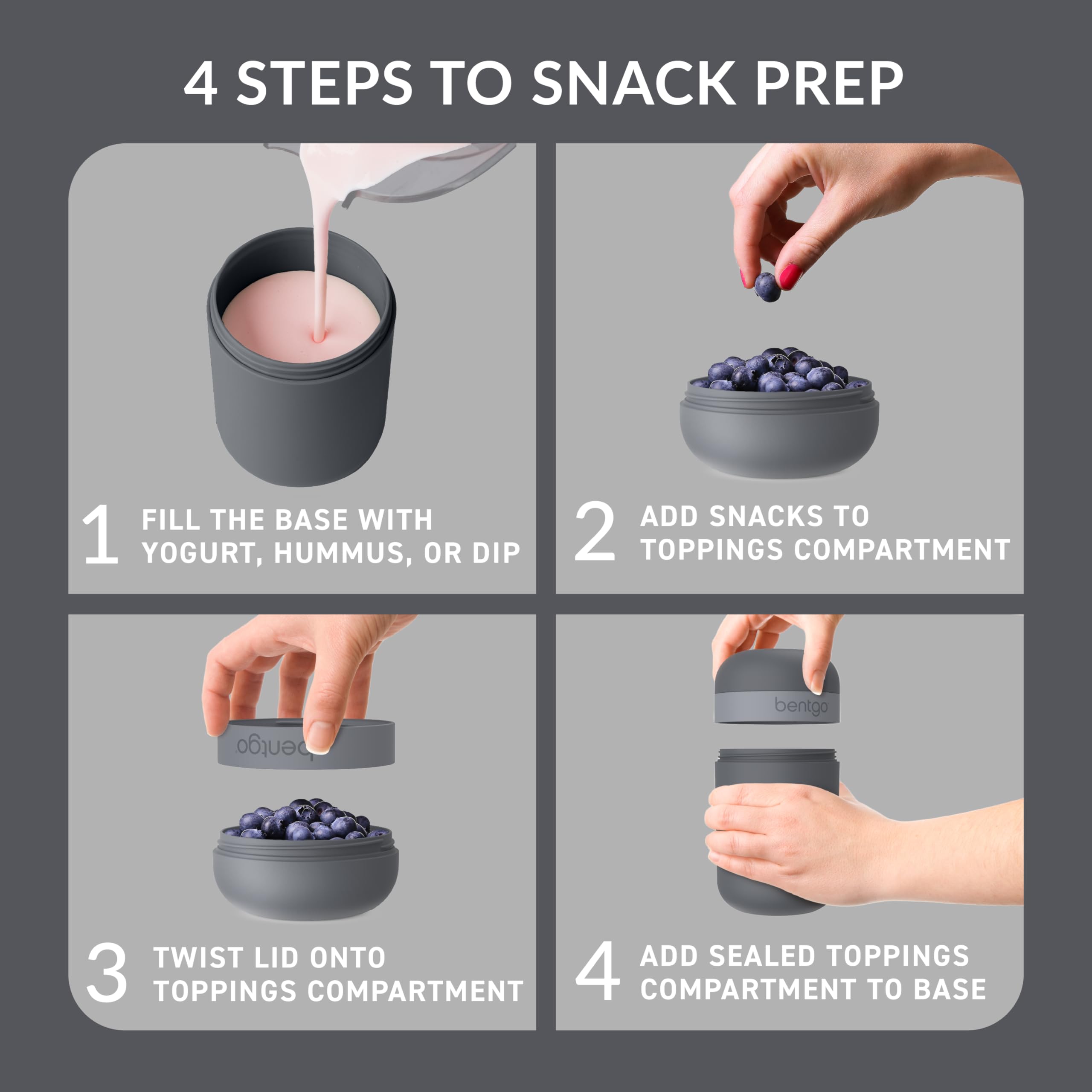 Bentgo Snack Cup dual sealing lid keeping foods fresh during use
