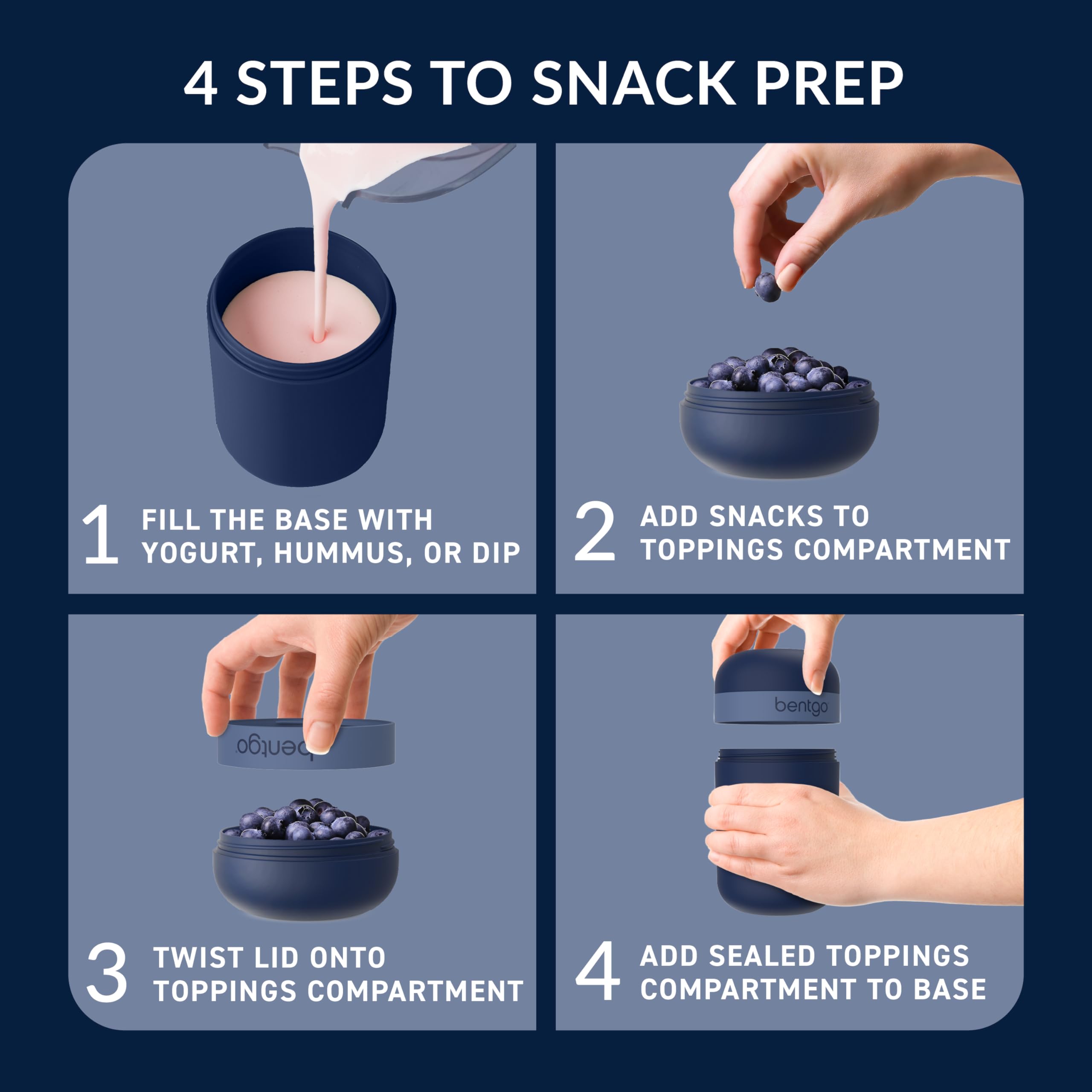 Bentgo Snack Cup dual-sealing-lid prevents spills while dipping or mixing