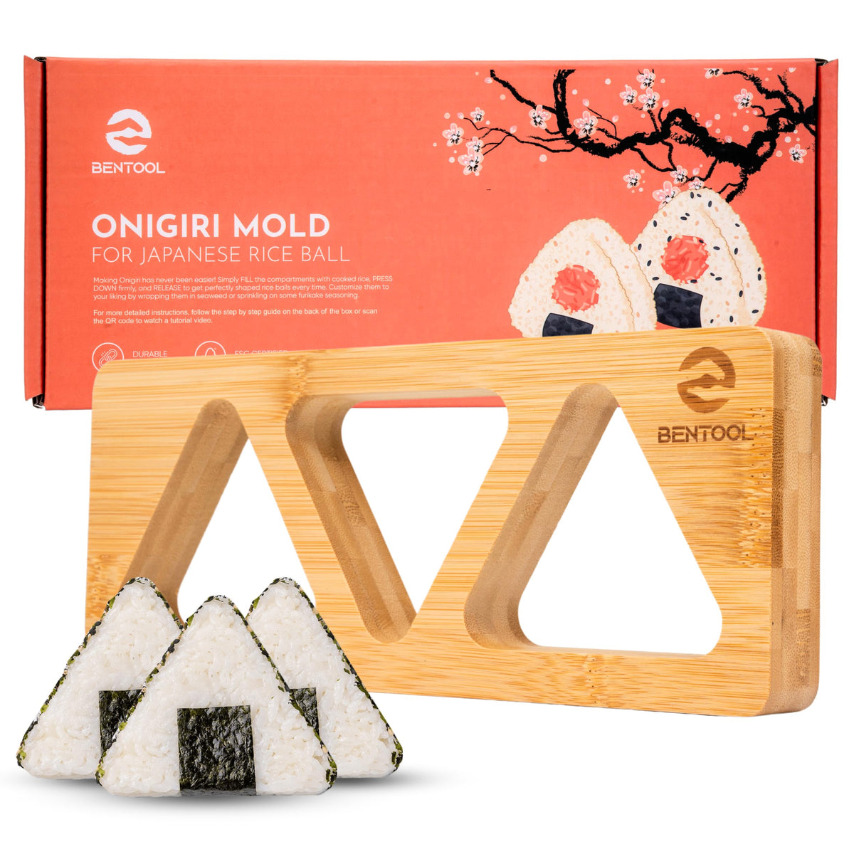 BENTOOL onigiri mold set in wooden form for authentic fluffy texture and easy release.