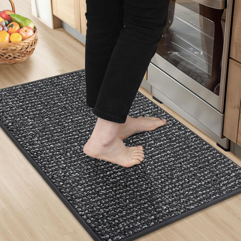 BEQHAUSE kitchen rug 20x32 charcoal shows absorbent fibers catching spills