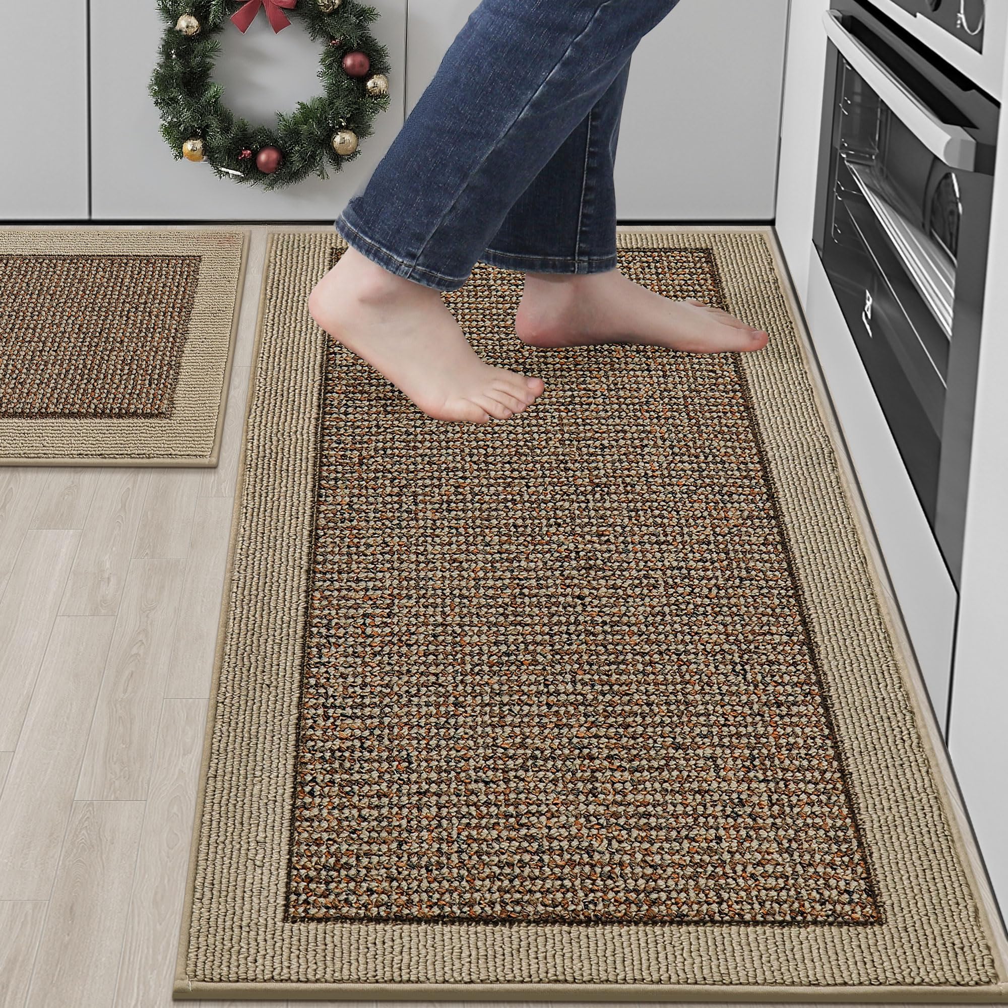 BEQHAUSE kitchen rug set absorbs spills and protects floors.