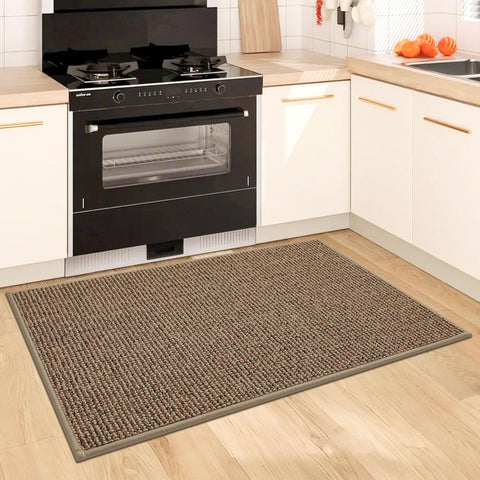 BEQHAUSE taupe kitchen rug complements neutral decor.
