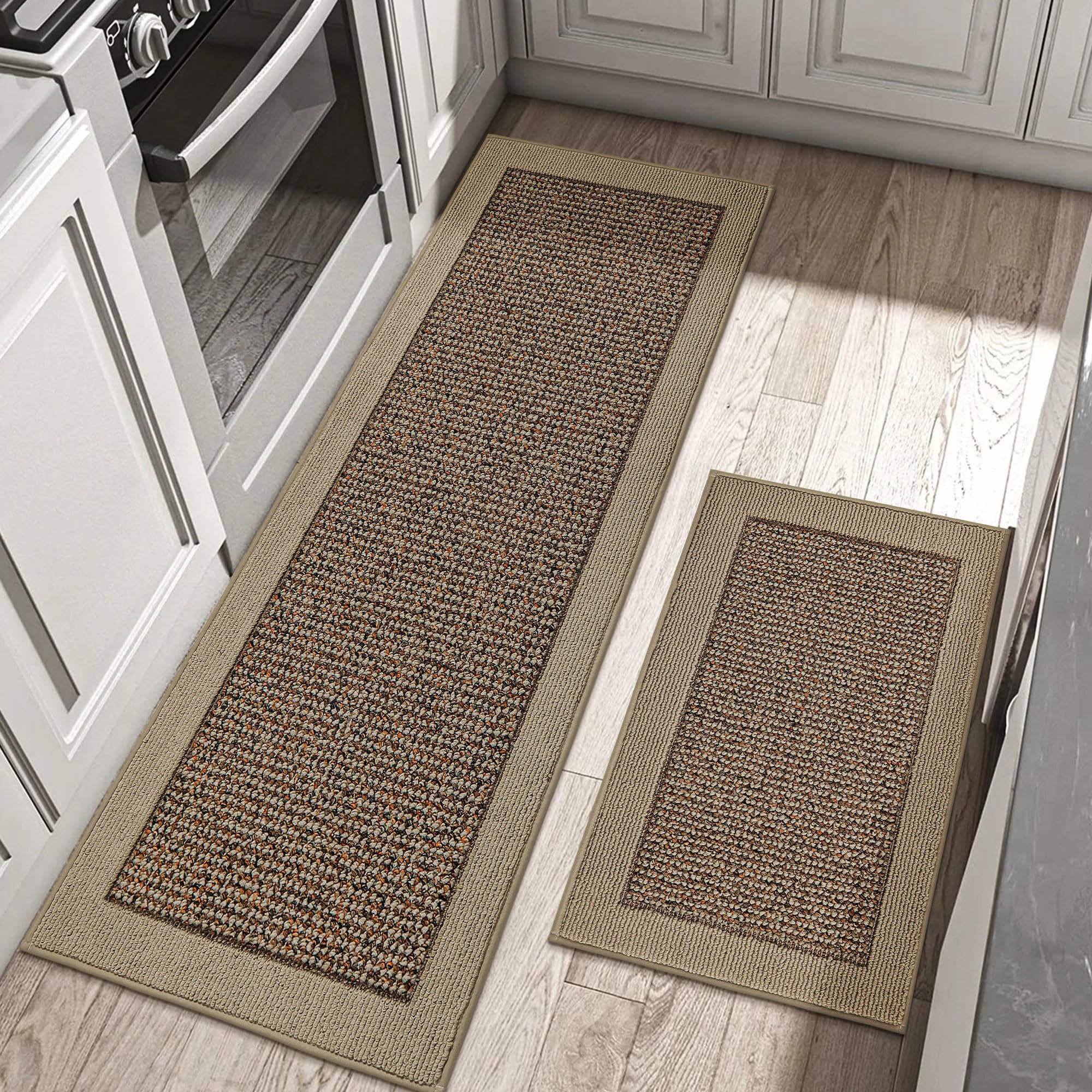 BEQHAUSE taupe-toned rug complements many kitchen decors beautifully.