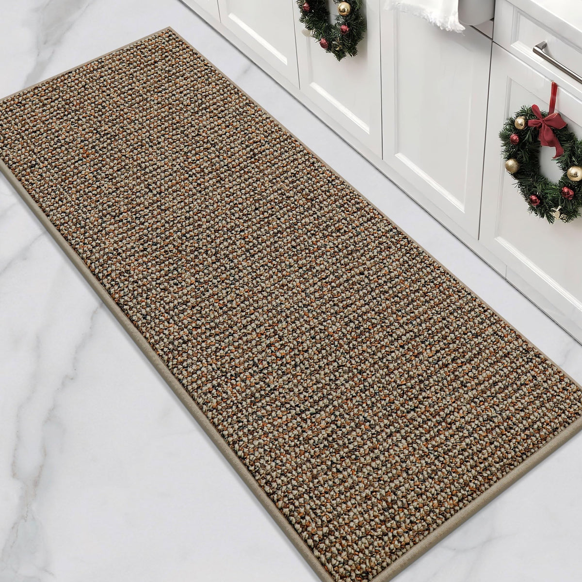 BEQHAUSE kitchen runner with absorbent fibers protects floors from spills.