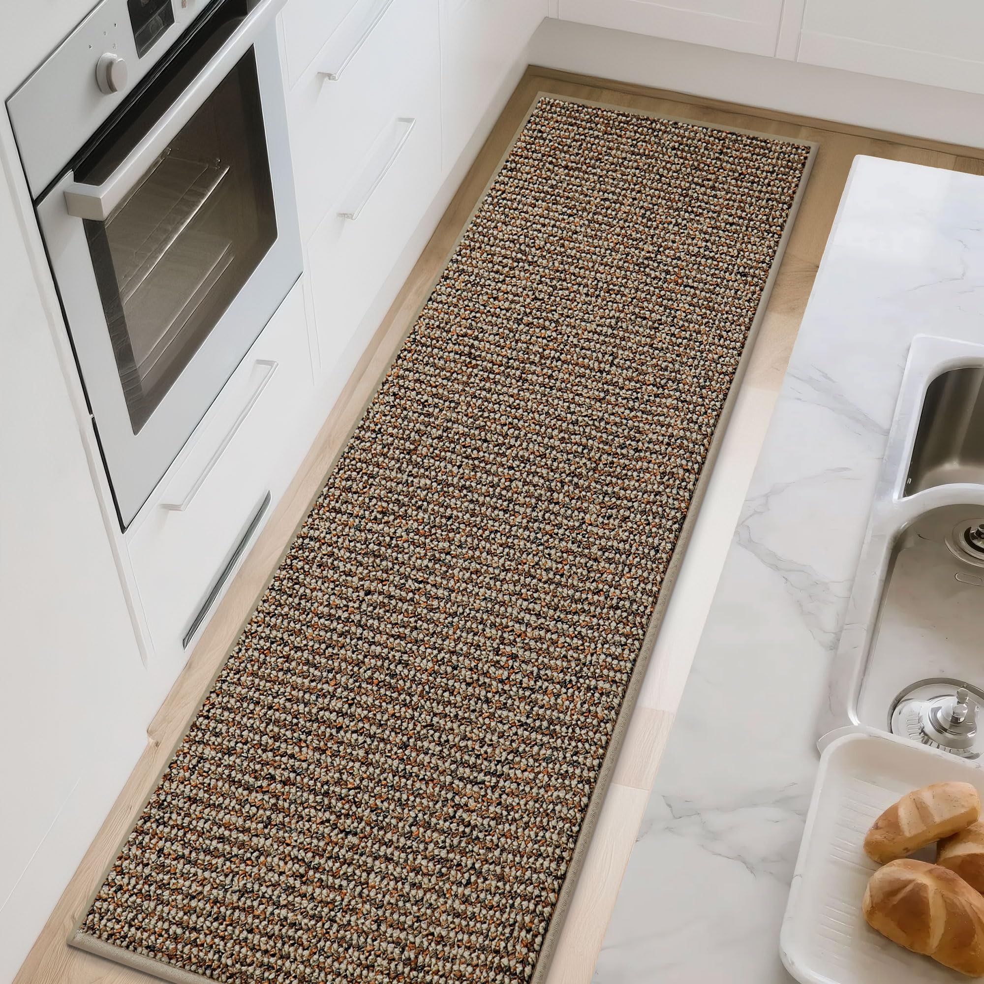 BEQHAUSE kitchen runner in taupe color complements most kitchen decors.