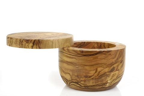 Berard olive wood salt keeper highlights natural grain for rustic kitchen charm.