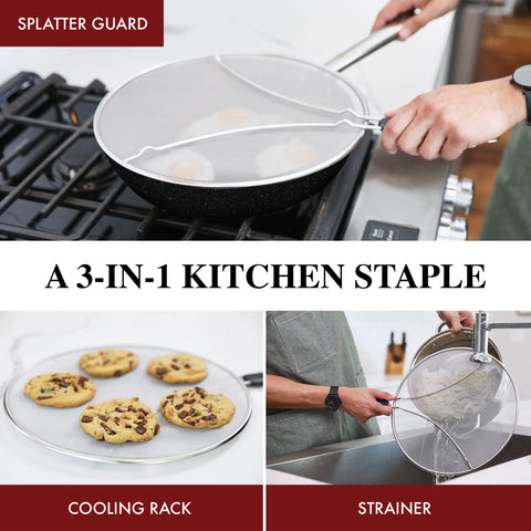 BergKoch oil splash protector fits most pans, reducing mess on the stove.
