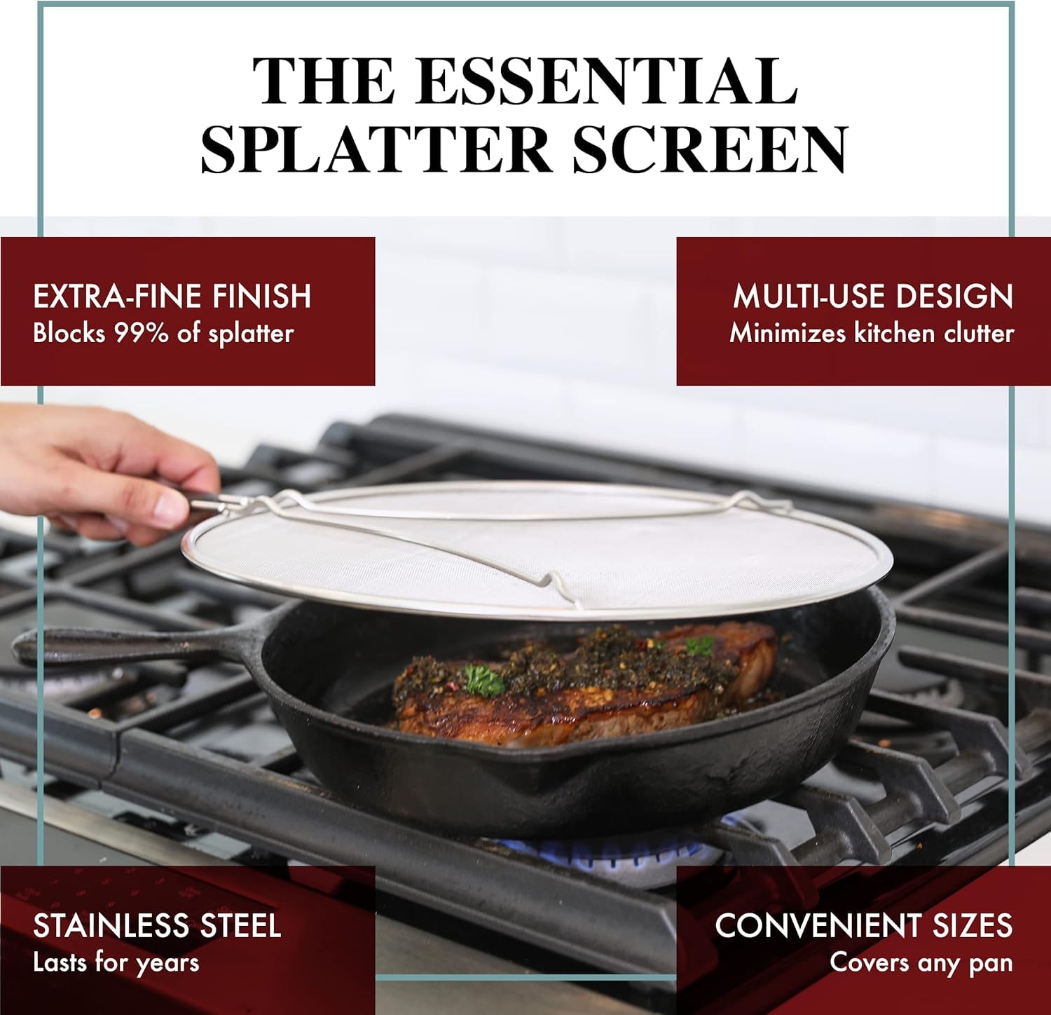 BergKoch Splatter Screen on an 11.5-inch pan protects hands from hot oil splatter.