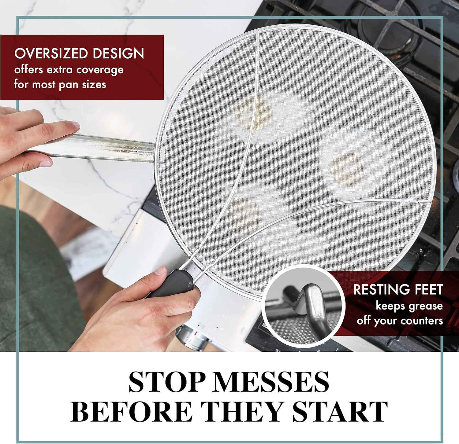 BergKoch Splatter Screen on a 13-inch pan protects hands from hot oil splatter.