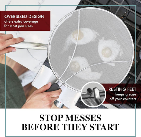 BergKoch Splatter Screen on a 13-inch pan protects hands from hot oil splatter.