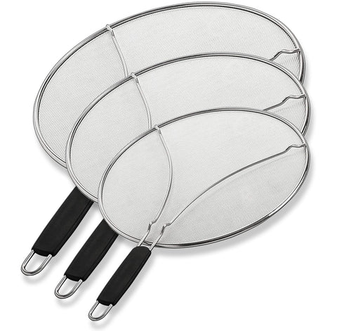 BergKoch Splatter Screen on a 9.5-inch pan protects hands from hot oil splatter.