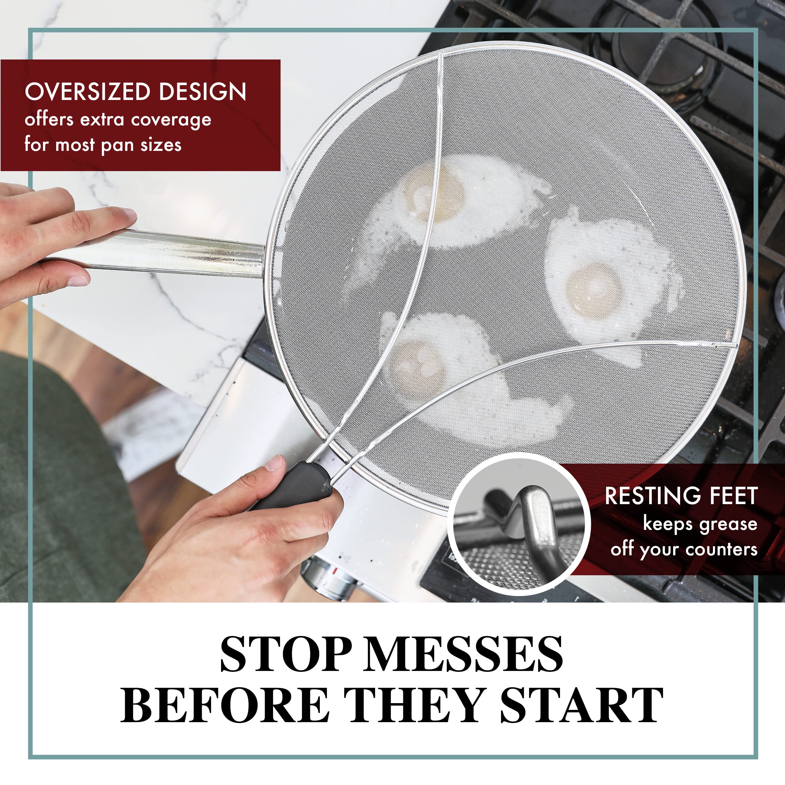 BergKoch splatter screen with ergonomic feet stays stable during cooking