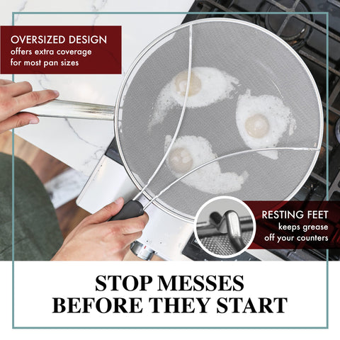 BergKoch splatter screen with ergonomic feet stays stable during cooking