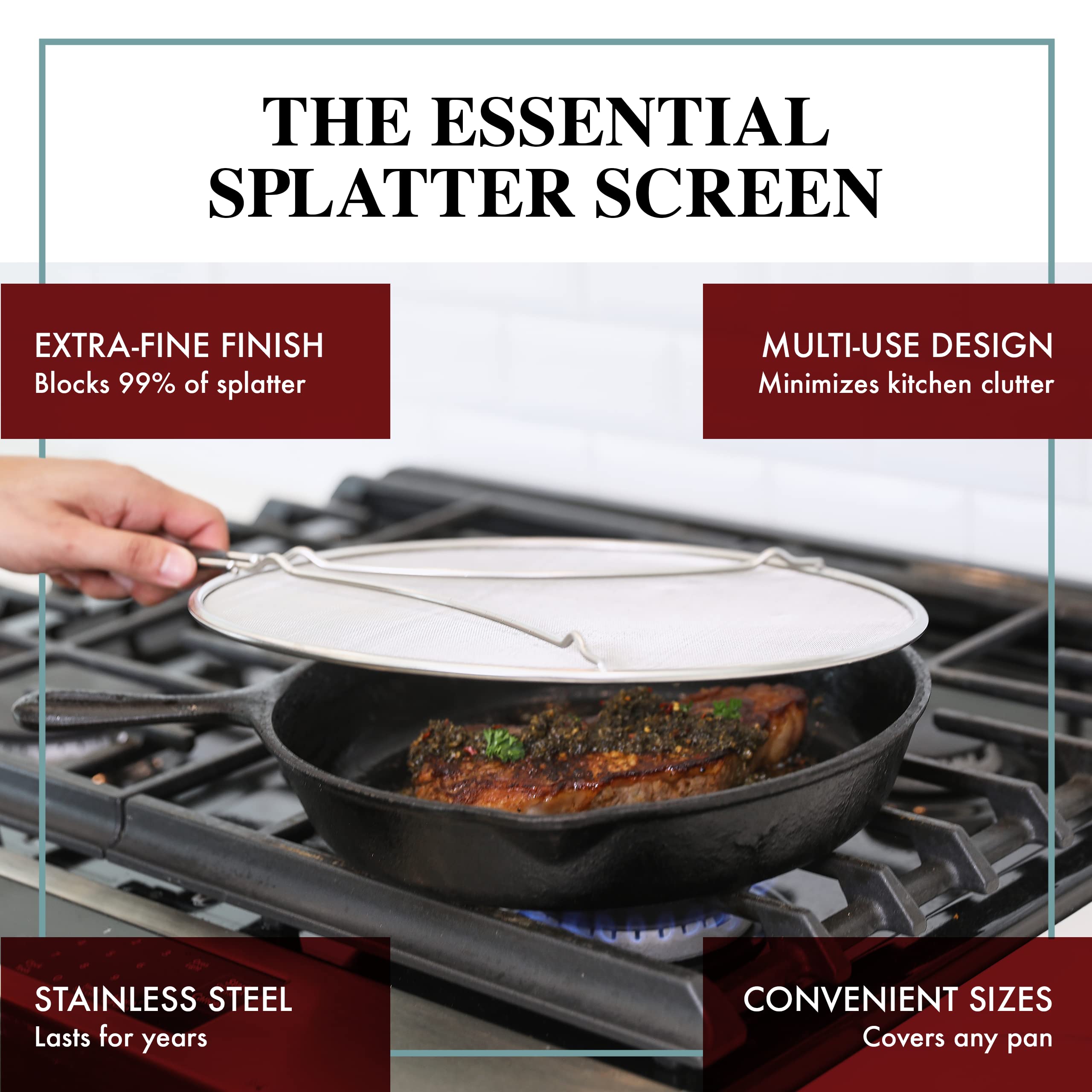 BergKoch splatter screen on a pan protecting counters from hot oil splatter